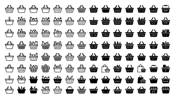 Mega Shopping Basket and Grocery Hamper Icon Bundle Featuring Empty Full Silhouette and Outline Vectors for Retail E-Commerce Market Graphic Designs