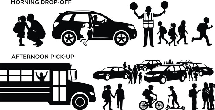 Black silhouette icons of school children morning drop off and afternoon pick up at school zone