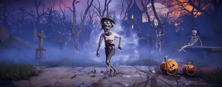 Halloween party. Funny zombies and skeletons dancing in a scary gothic cemetery. 3D animation for holiday cards, invitations, posters, events, parties