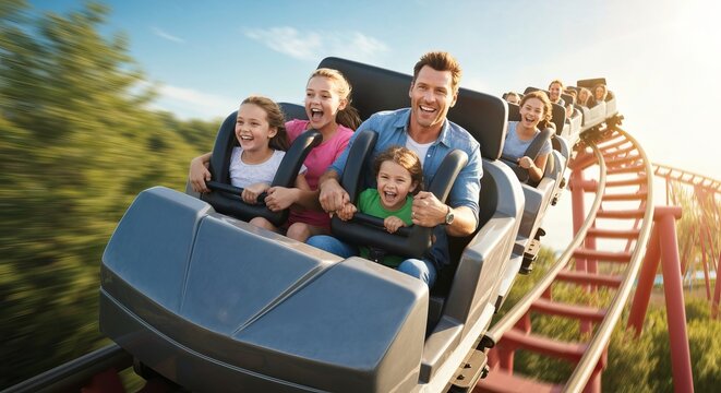 Exciting family adventure father and kids enjoy thrilling rollercoaster ride at amusement park