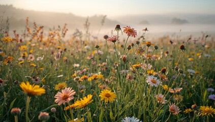 Obraz premium Wildflower meadow with yellow and pink flowers covered in morning mist and fog during sunrise wildflower landscape botanical blooming atmosphere ethereal countryside beautiful tranquil