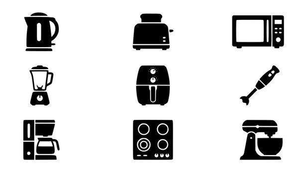 Kitchen Appliances and Household Electronics Silhouette Icon Set Featuring Kettles Toasters Microwaves Blenders Coffee Makers Air Fryers and Stand Mixers
