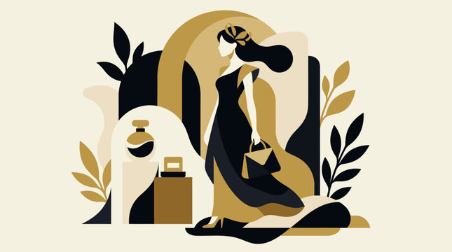 Elegant woman in evening dress with luxury perfumes.