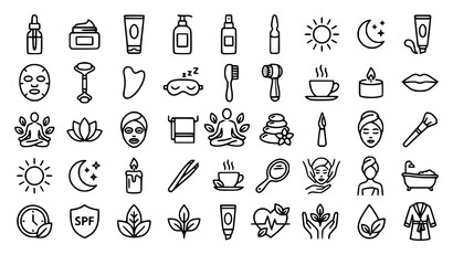 Skincare and Self Care Beauty Routine Line Icon Set Featuring Cosmetics Face Masks Jade Rollers Spa Treatments and Wellness Vector Elements © MdGohurul