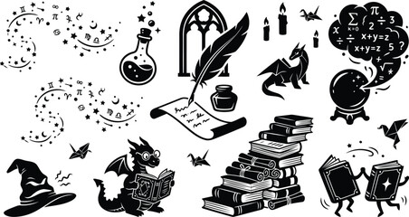 Set of black and white magic and fantasy icons featuring dragons books scrolls and wizard items © Shahriar