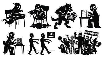 Fototapeta premium Set of black silhouettes of cute spooky monsters doing school activities and sports in classroom