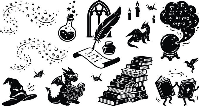 Set of black and white magic and fantasy icons featuring dragons books scrolls and wizard items