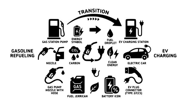 Energy Transition Silhouette Icon Set Depicting Shift From Traditional Gasoline Fuel Refueling to Electric Vehicle EV Charging Stations and Clean Power