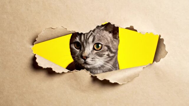 Curious tabby cat peeking through torn paper with bright yellow background, animal portrait concept