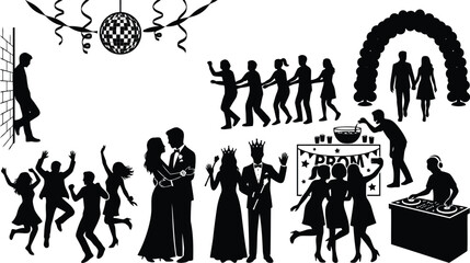 Group of young people dancing and celebrating at a festive school prom party event silhouette set © Mufti
