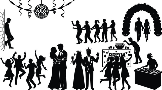Group of young people dancing and celebrating at a festive school prom party event silhouette set