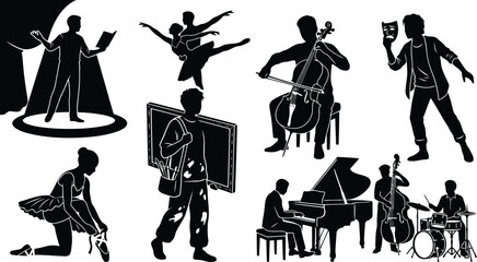 Set of black silhouettes showing people performing arts like music dance painting and theater acting © Mufti