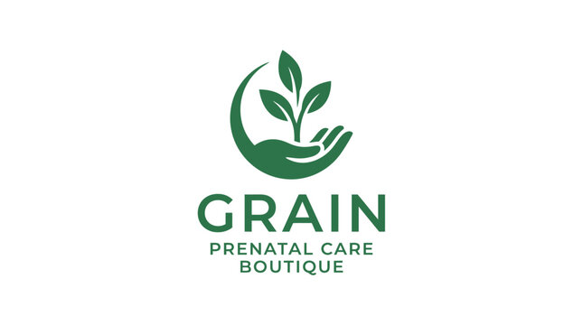 Grain prenatal care boutique logo with hand and sprout.