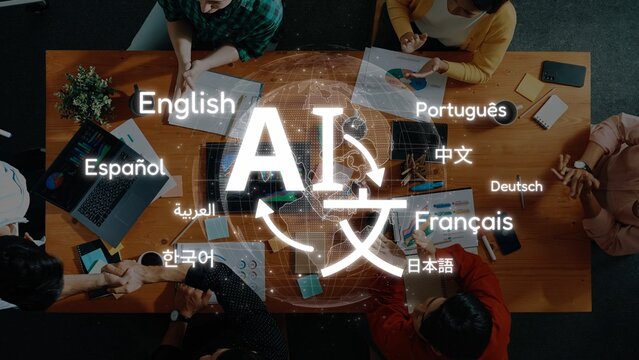 A diverse team gathers around a table, collaborating on an artificial intelligence project focused on language translation. Multilingual elements showcase global communication. Raster