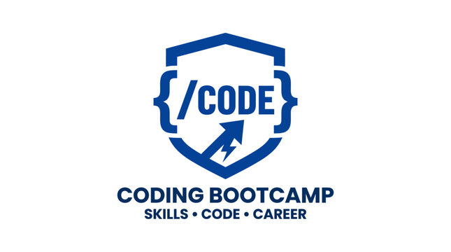 Shield icon with code symbols for coding bootcamp branding.