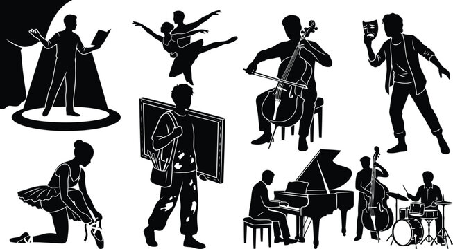Set of black silhouettes showing people performing arts like music dance painting and theater acting