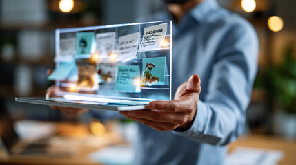 Fototapeta premium Faceless project manager holding a glowing progress board in a bright office work in progress ongoing tasks project stages timely completion with copy space