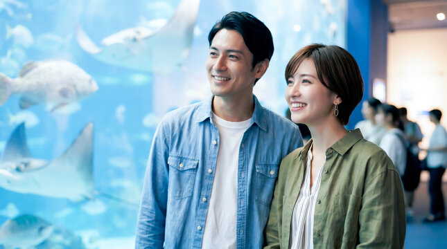 水族館でデートを楽しむ大人のカップル・夫婦