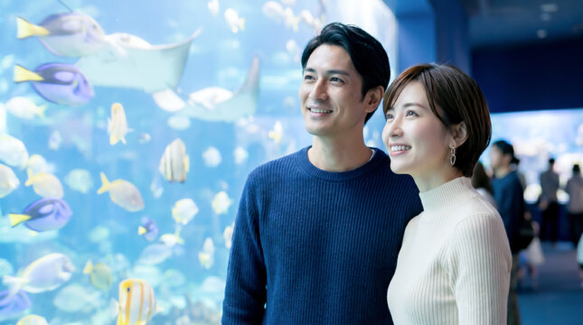 水族館でデートを楽しむ大人のカップル・夫婦