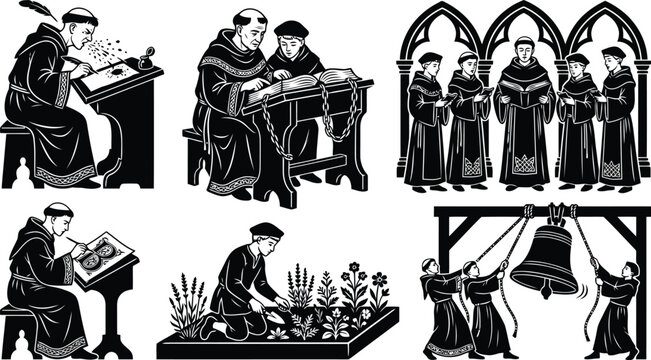 Set of black and white illustrations showing daily life and activities of medieval monks in monastery