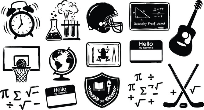 Set of black and white school icons featuring education subjects sports science and math symbols