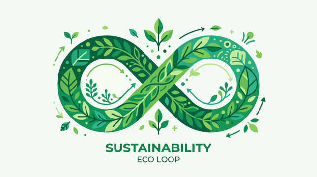 Infinity loop sustainability logo made of fresh green leaves.