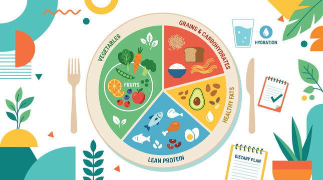 Balanced nutrition plate with healthy food groups and plan.