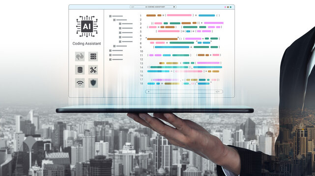 Modern AI coding assistant interface displayed on a laptop held above a bustling city skyline, showcasing technology impact on urban development and productivity. Cyphers