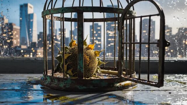Open Birdcage with Sunflower in Front of City Skyline, Symbolizing Freedom, Growth, and Resilience