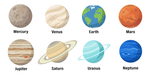 Set of colorful flat vector illustrations of the eight planets of the solar system, isolated on white background. Includes Mercury, Venus, Earth, Mars, Jupiter, Saturn, Uranus, and Neptune with their  © Vasyl Yurlov