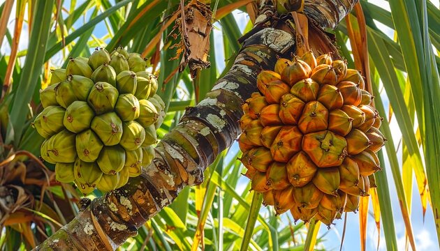 Close-up of pandanus tree with mature and immature fruits hanging from the trunk. Lush green leaves provide a tropical backdrop