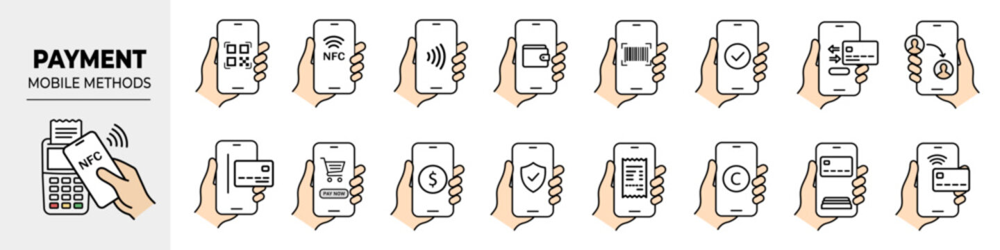 Collection of linear vector icons representing modern mobile payment methods and digital transactions. Includes hand holding a smartphone with NFC, QR code, banking, digital wallet, and various online
