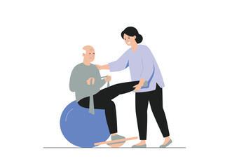 Fototapeta premium Elderly man on exercise ball with physical therapist assisting his leg physiotherapy session with hope