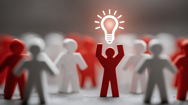 Red paper cutout person with lightbulb over head among red silhouettes