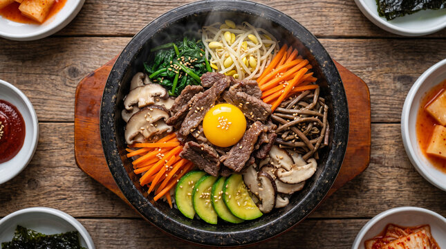 Traditional Korean Bibimbap served in a hot stone bowl, featuring beautifully arranged colorful vegetables, savory marinated beef, and a vibrant raw egg yolk on top.