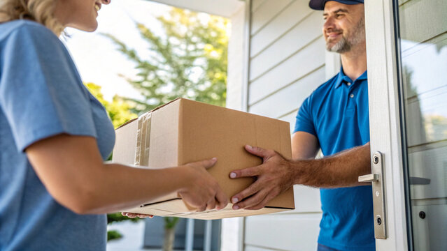 Delivery man handing package to a woman