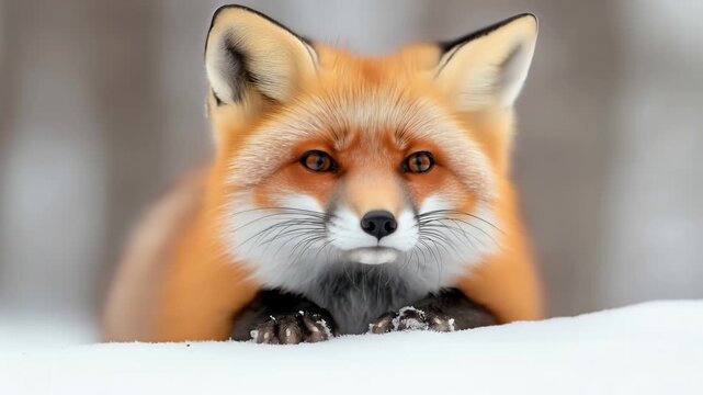 Red fox resting peacefully in fresh snow during winter with alert gaze and soft natural background highlighting wild animal beauty