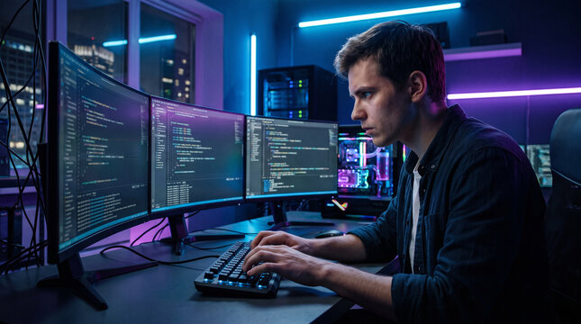 Concentrated young male software developer typing complex code on multiple glowing computer monitors in a dark moody modern office. Advanced technology cyber security.