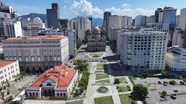 Candelaria Church In Rio De Janeiro Brazil. Bird Eye View Of Church Standing Tall Amidst Beautiful Scenery. Landmark Town. Cities Of The World Landscape. Rio de Janeiro Brazil.