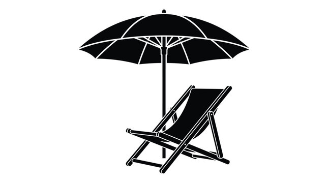 Minimalist black vector illustration featuring a folding beach chair positioned under a large sun umbrella