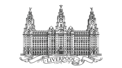 Fototapeta premium Detailed vector illustration of the iconic Royal Liver Building in Liverpool featuring classic architectural line art