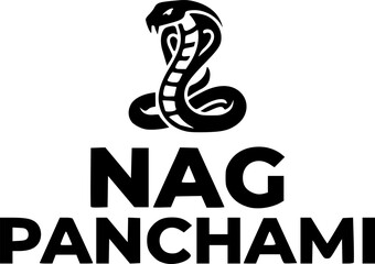 Fototapeta premium Nag Panchami bold black typography logo with striking hooded cobra snake silhouette, a powerful and sacred Hindu festival design perfect for posters, stickers, prints, and religious celebration artwor
