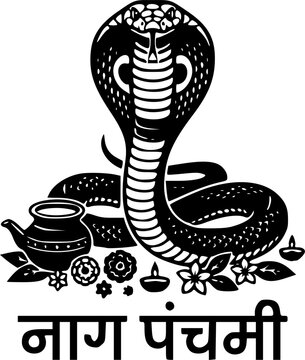 Nag Panchami Hindi bold text with hooded cobra snake, worship pot, diya, and flowers in a detailed black silhouette illustration, a sacred Hindu festival design perfect for posters and celebration pri