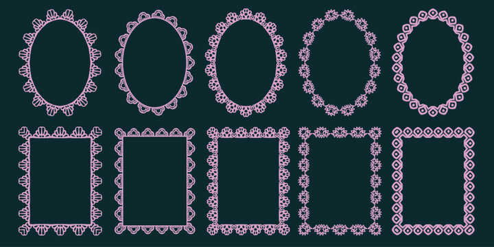 Lace frame edge with border scallop heart and trim circle square. Oval antique pattern with wavy lace scalloped and ruffle decorative drawn. Mat red lace with simple frill border and frame