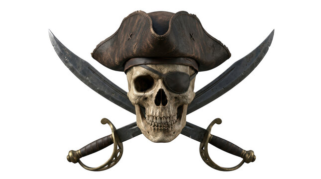 Pirate skull with eye patch and tricorn hat crossed with two swords isolated on transparent background