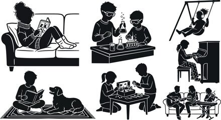 Black silhouette collection of children doing various indoor and outdoor daily activities and hobbies © Mufti