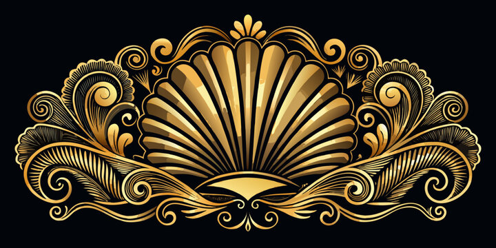 Ornate golden seashell ornament with filigree decorative swirls, vector