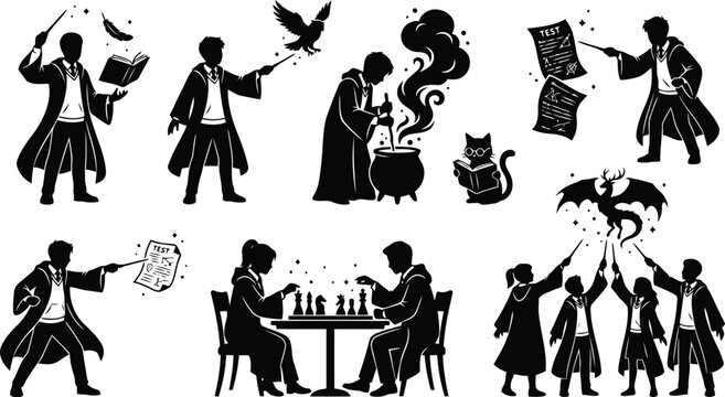 Set of black silhouettes of young wizards casting magic spells and learning in a school of magic