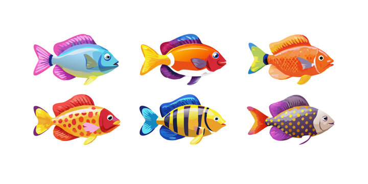 Colorful tropical aquarium fish collection, vector