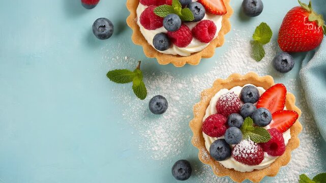 Berry tartlets with cream. Summer dessert flat lay. Sweet bakery background with copy space.